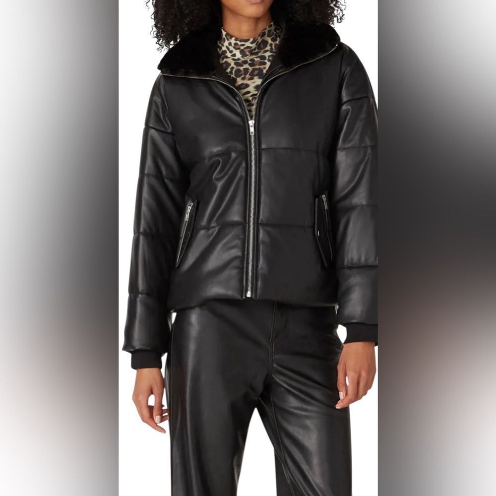 Samantha Sipos  Black Faux Leather Puffer Jacket Size XS